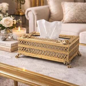 Brass Tissue Box Cover Hollywood Regency, Remote Control Caddy, Vanity Organizer